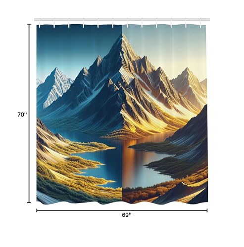 Ambesonne Lake Shower Curtain, Dreamy Art Of Snowy Mountain Panorama With Sunny Shades And Greenery Meadows, Cloth Fabric Bathro